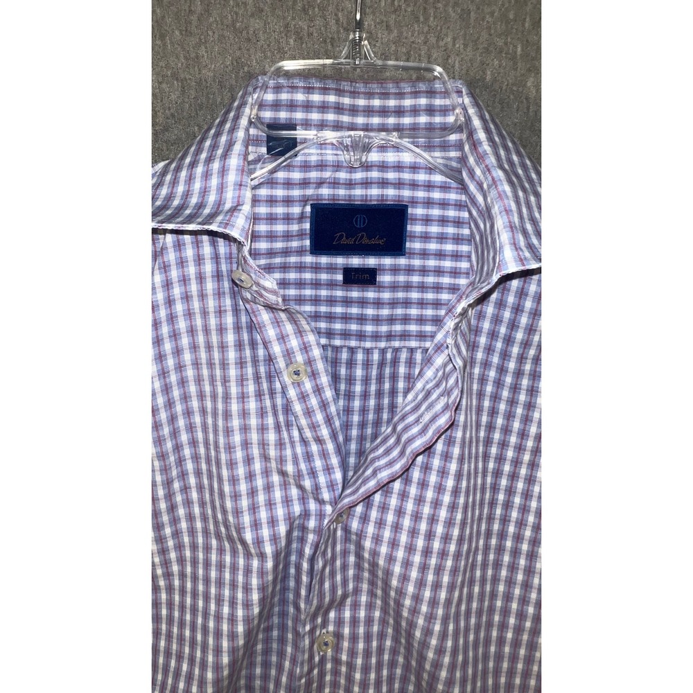 Lot of 2 David Donahue Trim Fit 15.5 Dress Shirts Mens Blue Solid & Purple Check - Picture 6 of 10